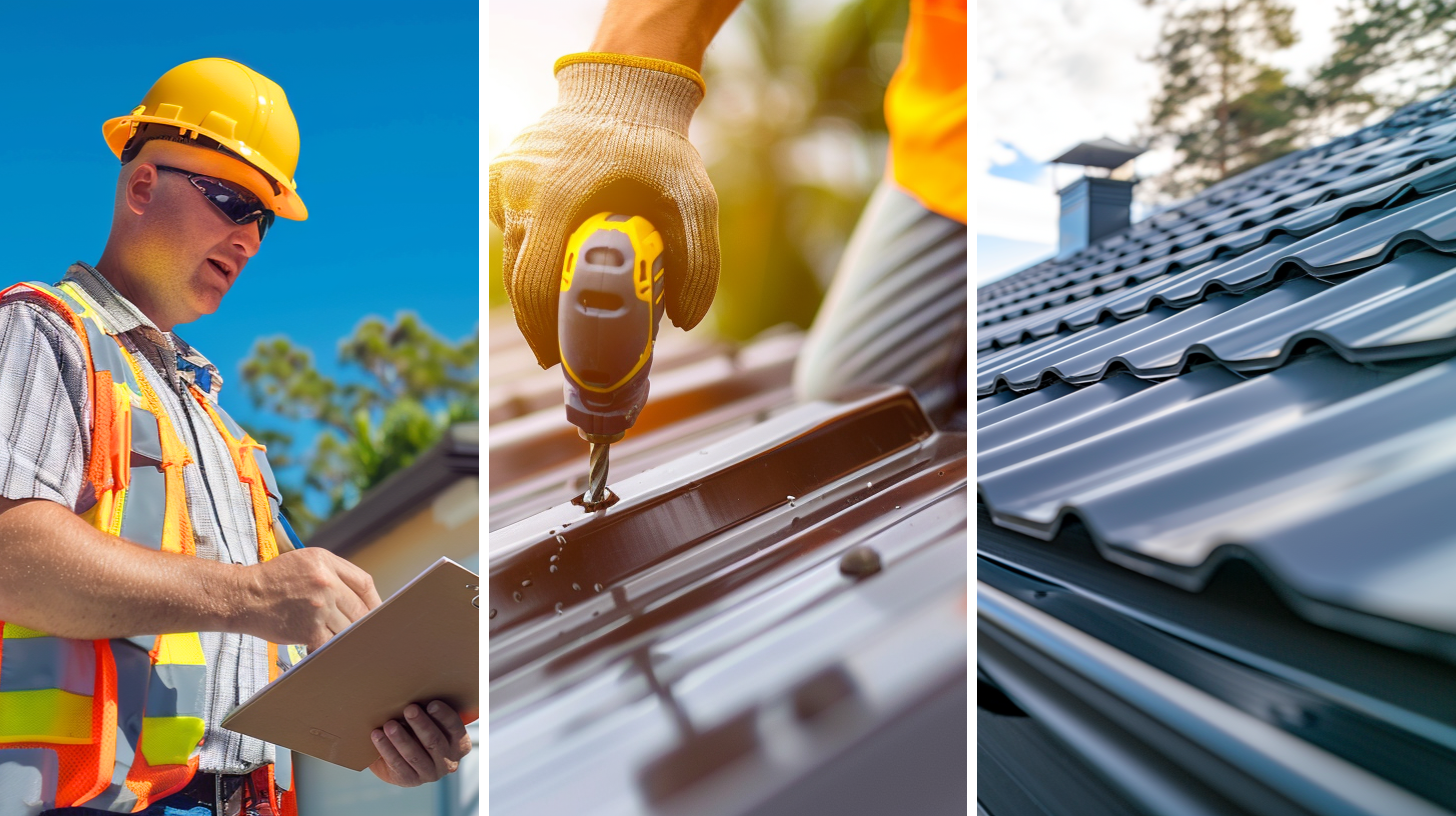 A contractor is checking the roofing project on-site, a professional roofer is repairing a metal roof, and a newly installed metal roof shingles.