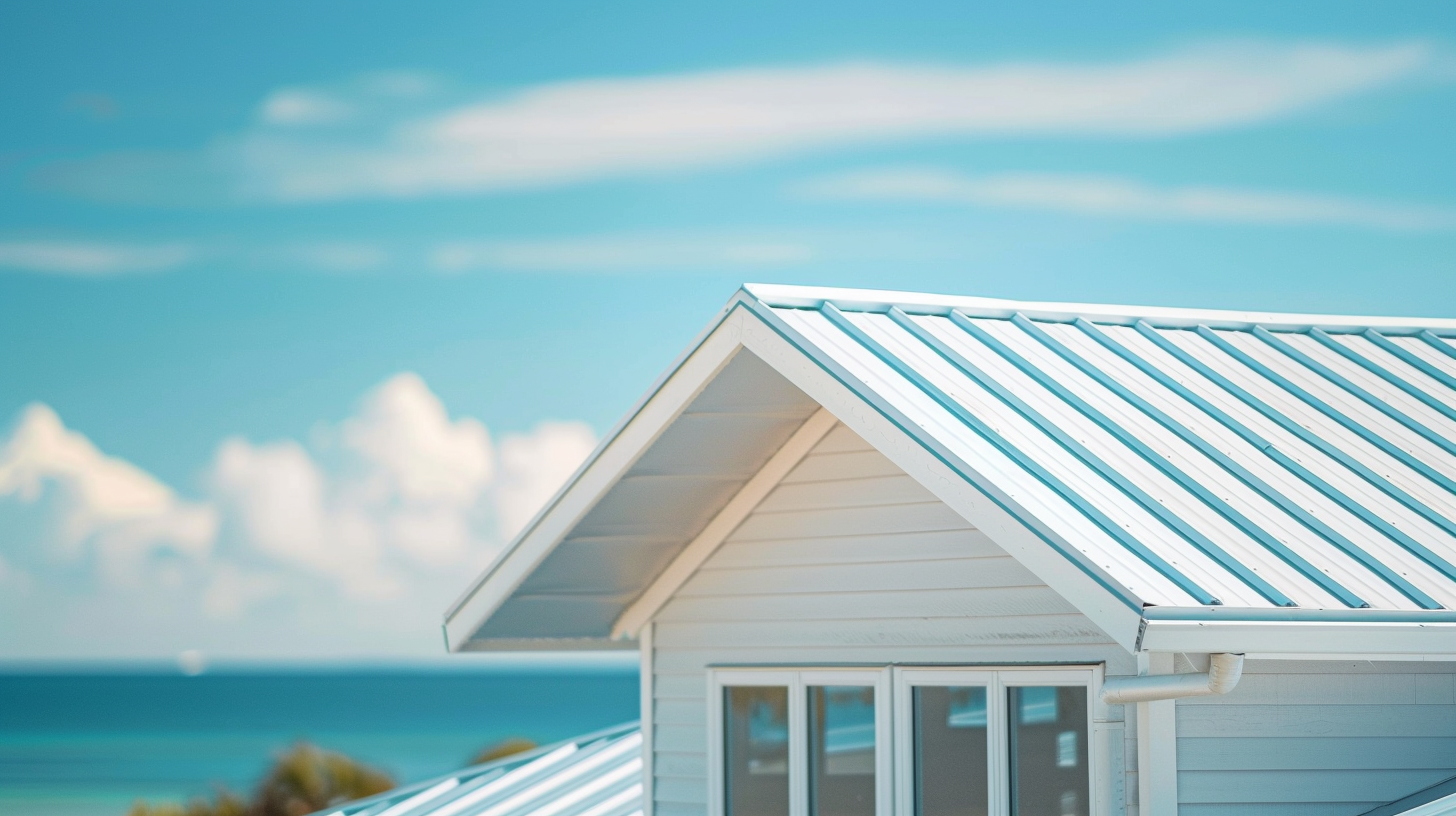 A white house on a beach with a white roof.