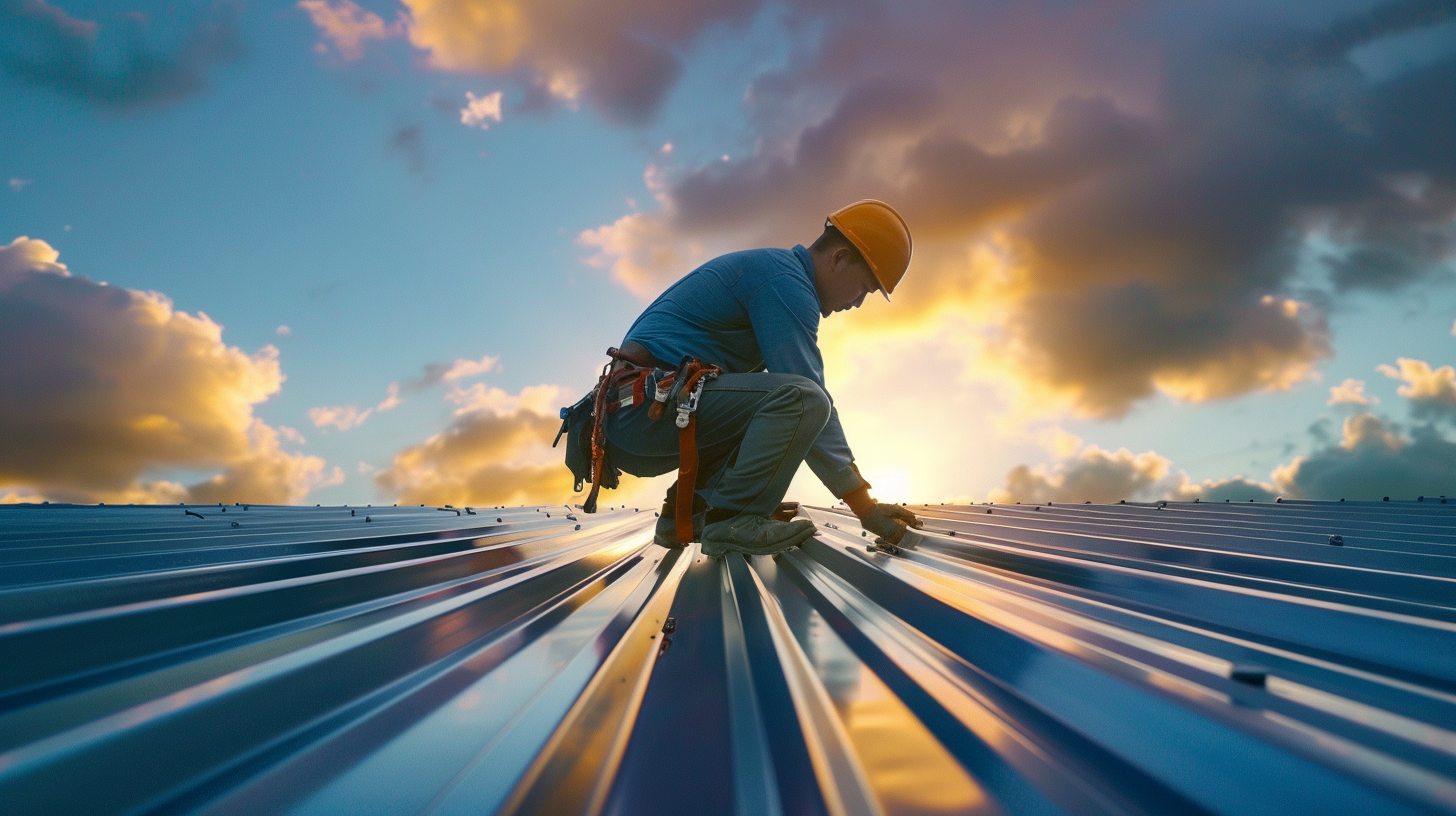 A roofing constructor worker fixing a metal roof.