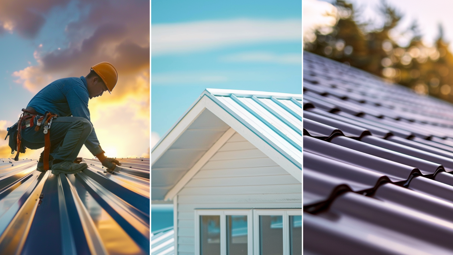 A newly installed metal shingles. </p>
<p>A roofing constructor worker fixing a metal roof. </p>
<p>A white house on a beach with a white roof. 