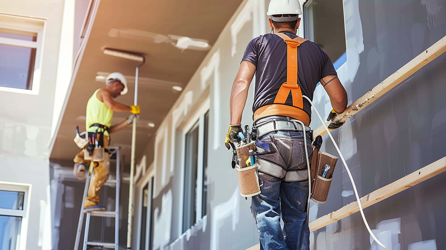 an image of a construction workers doing a painting job in a two storey house, tied in a safety harness, holding a roller brush