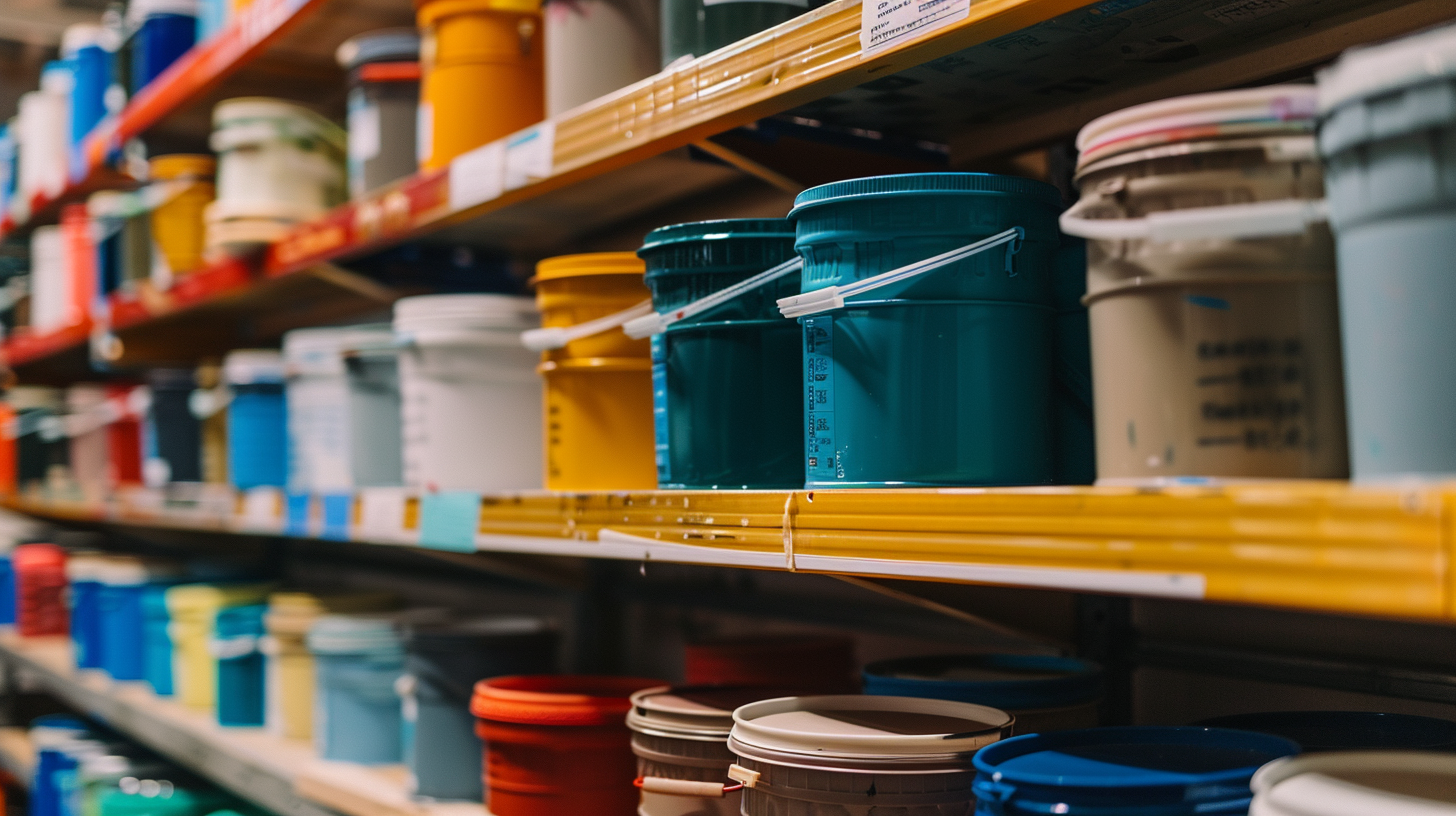 dozens of paint buckets sit on shelves in a warehouse