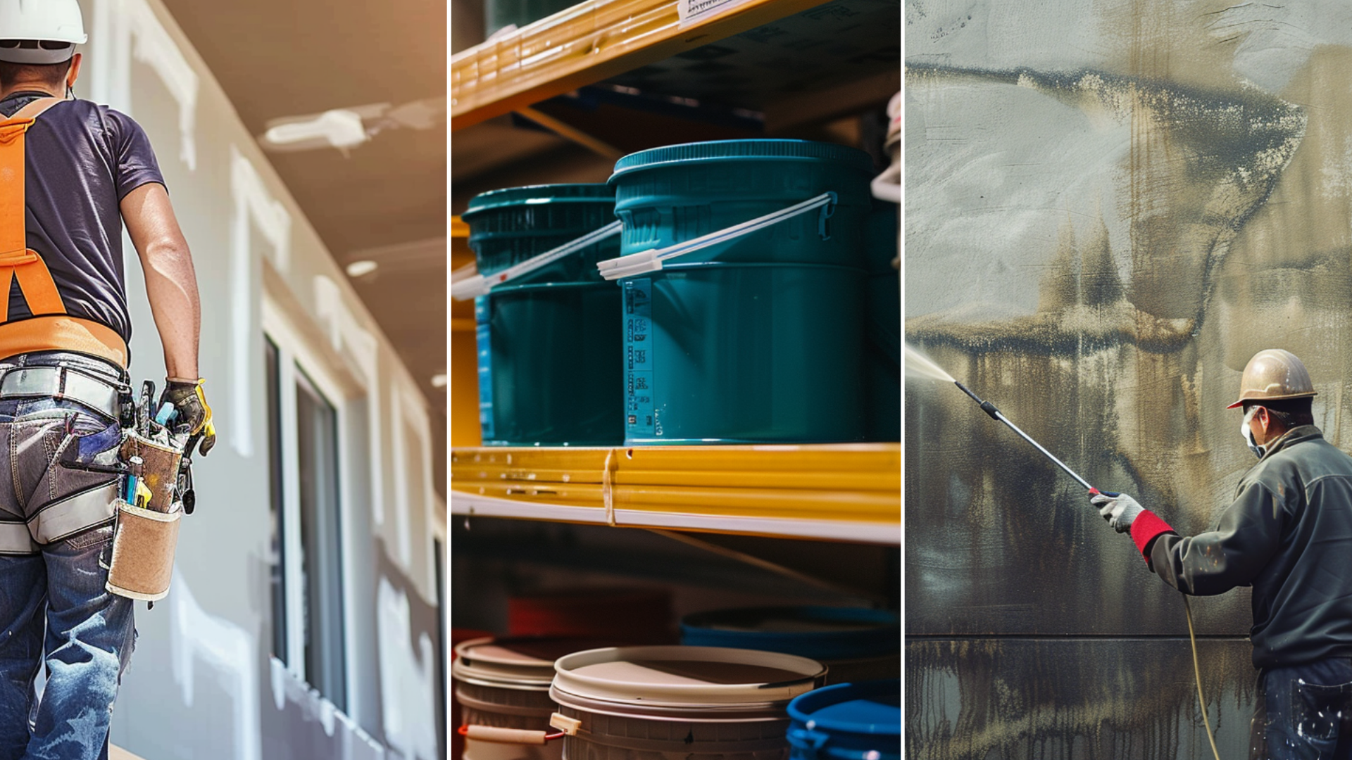 The painting crew is painting the wall outside of a house. They are cleaning the concrete wall using a water pressure and some of them are brushing it.</p>
<p>dozens of paint buckets sit on shelves in a warehouse</p>
<p>an image of a construction workers doing a painting job in a two storey house, tied in a safety harness, holding a roller brush