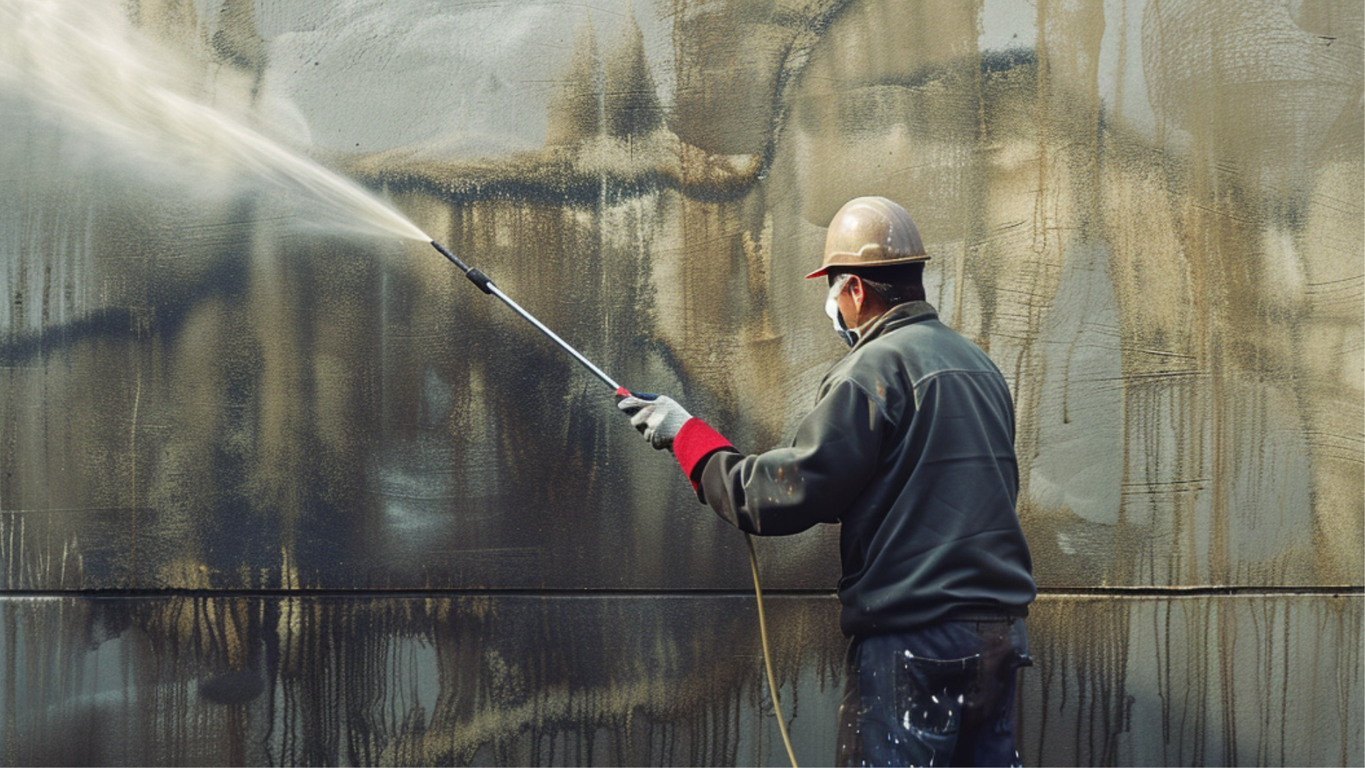 The painting crew is painting the wall outside of a house. They are cleaning the concrete wall using a water pressure and some of them are brushing it.