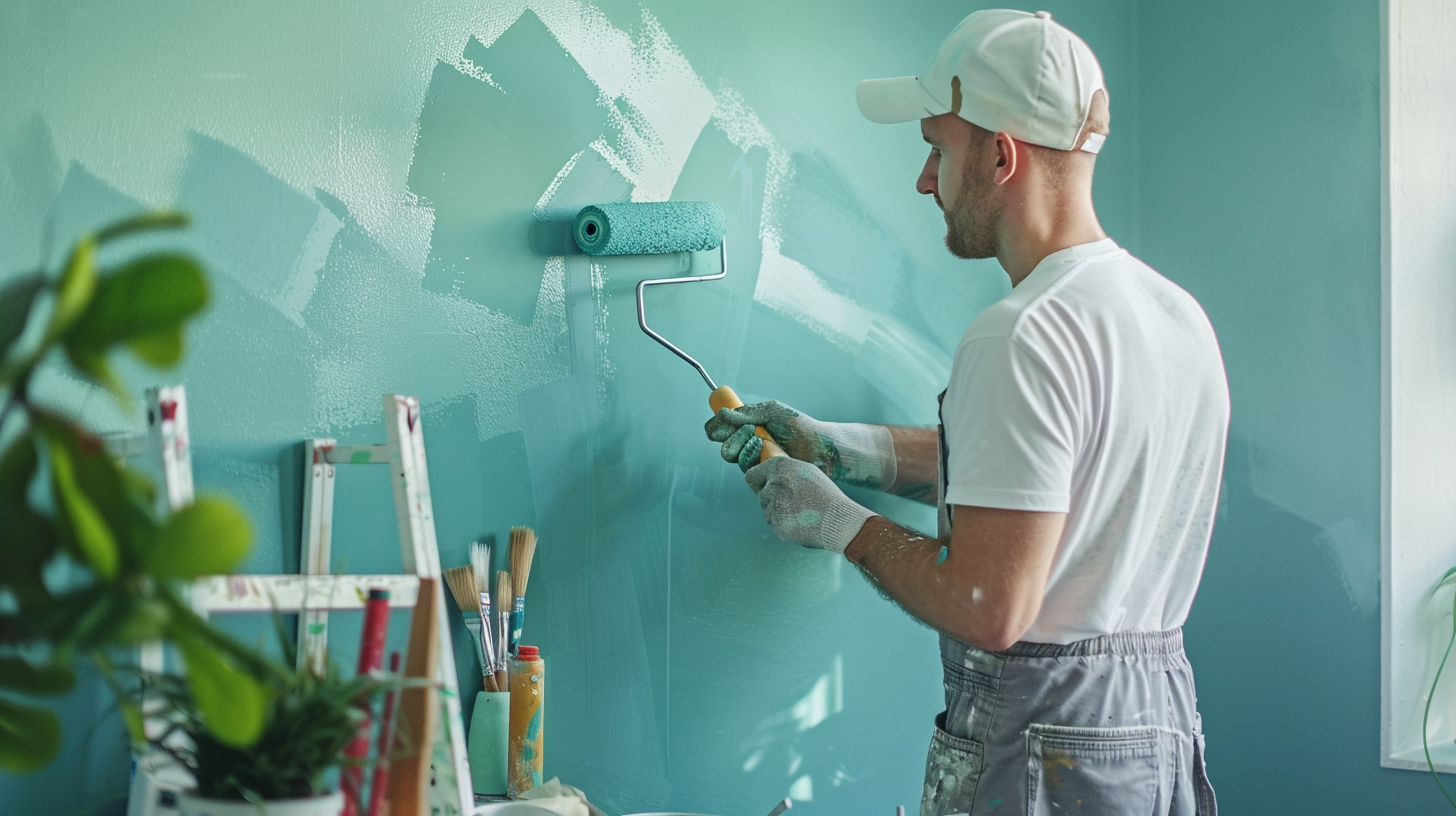 The scene depicts a professional and cheerful painter in a clean uniform, painting a wall with a roller in a bright, well-lit room.