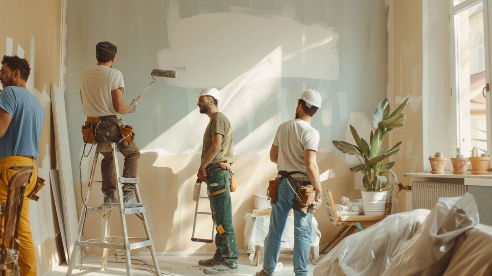 The painting crew is painting the wall of a new apartment. They are in the living room, furniture covered to protect it from dust and paint splatters, and they are holding paint rollers