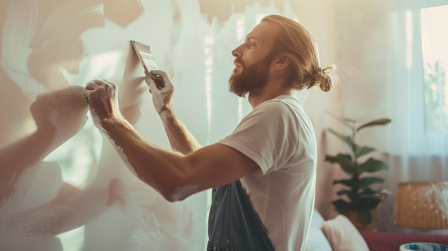 Professional painter professionally painting off-white on a bedroom wall, clean paint lines, and furniture in the back