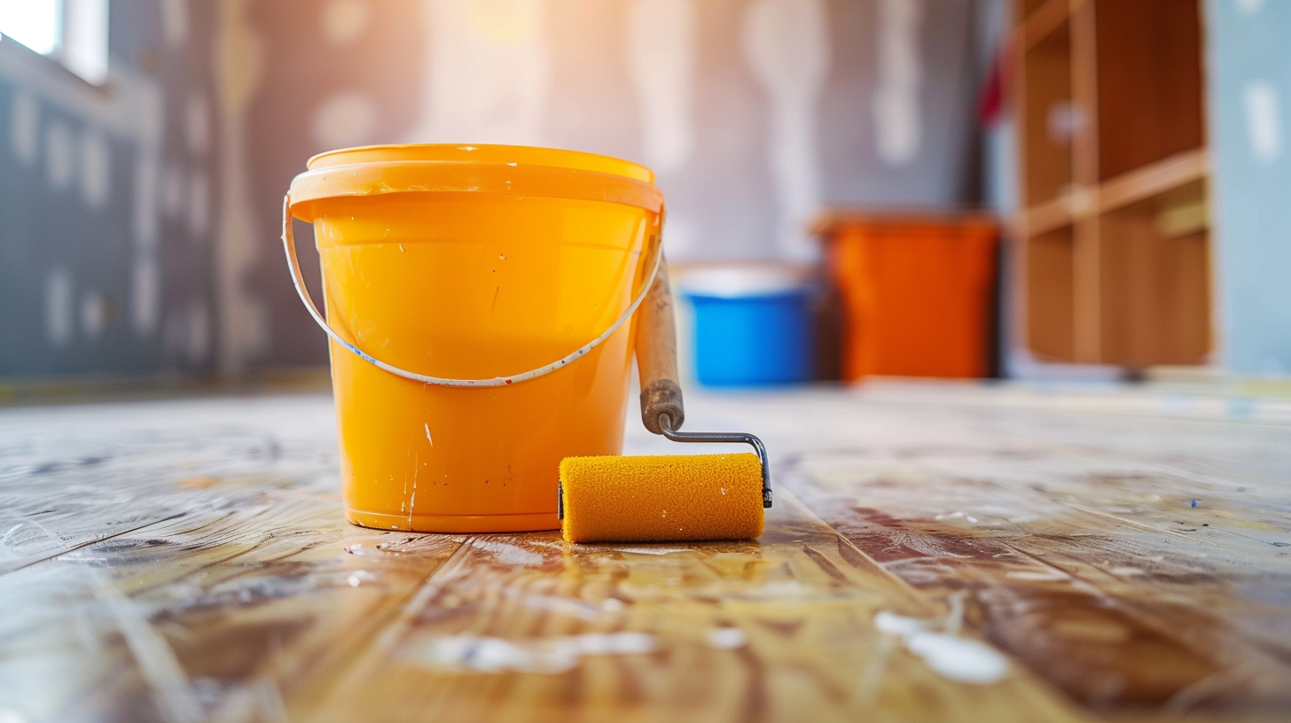 painting tools, paint bucket, roller paint in a renovation house