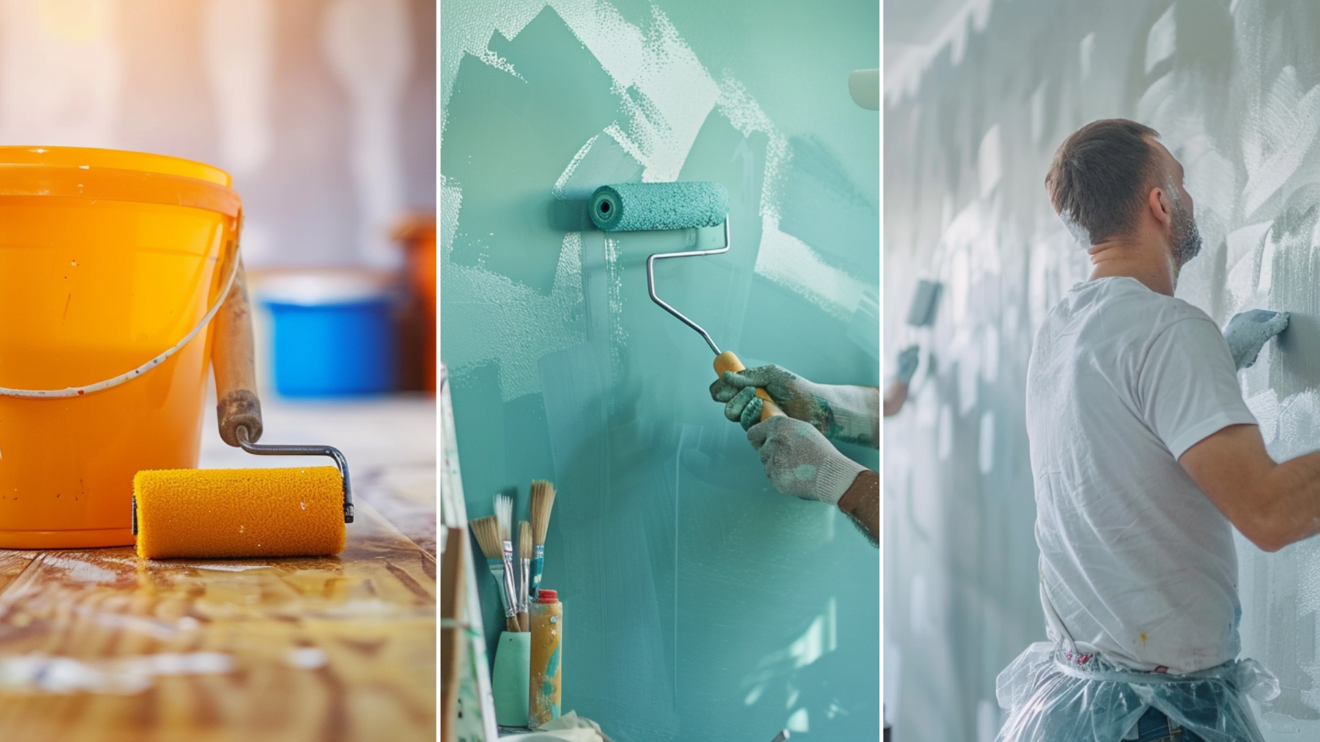 The scene depicts a professional and cheerful painter in a clean uniform, painting a wall with a roller in a bright, well-lit room.<br />
painting tools, paint bucket, roller paint in a renovation house.<br />
The painting crew is painting the wall of a new apartment. They are in the living room, furniture covered to protect it from dust and paint splatters, and they are holding paint rollers.