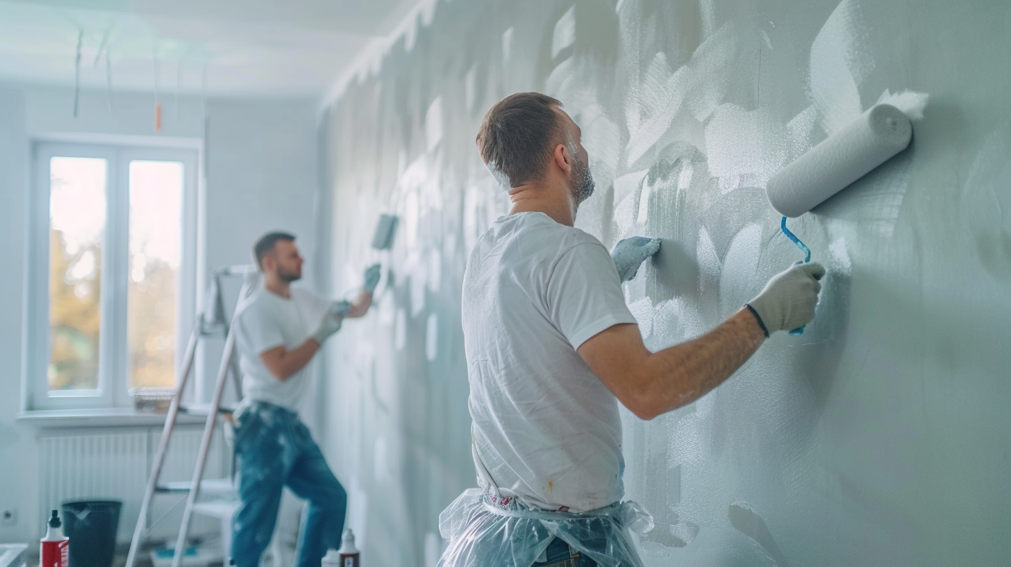 The painting crew is painting the wall of a new apartment. They are in the living room, furniture covered to protect it from dust and paint splatters, and they are holding paint rollers