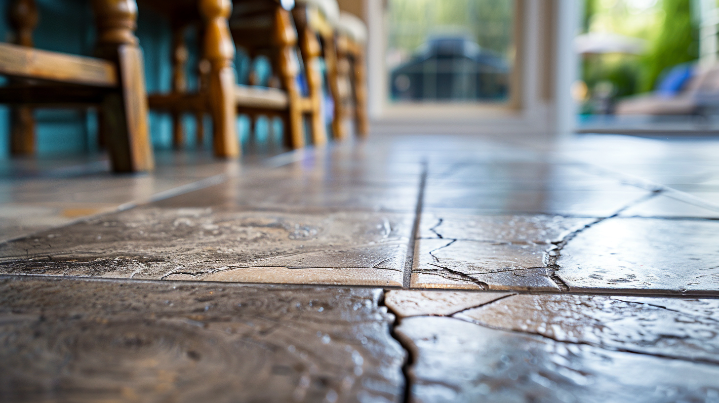 This is a close-up, low-angle photo of a beautiful modern tile kitchen floor in an upscale residential home; the floor tile has a visibly cracked hairline.