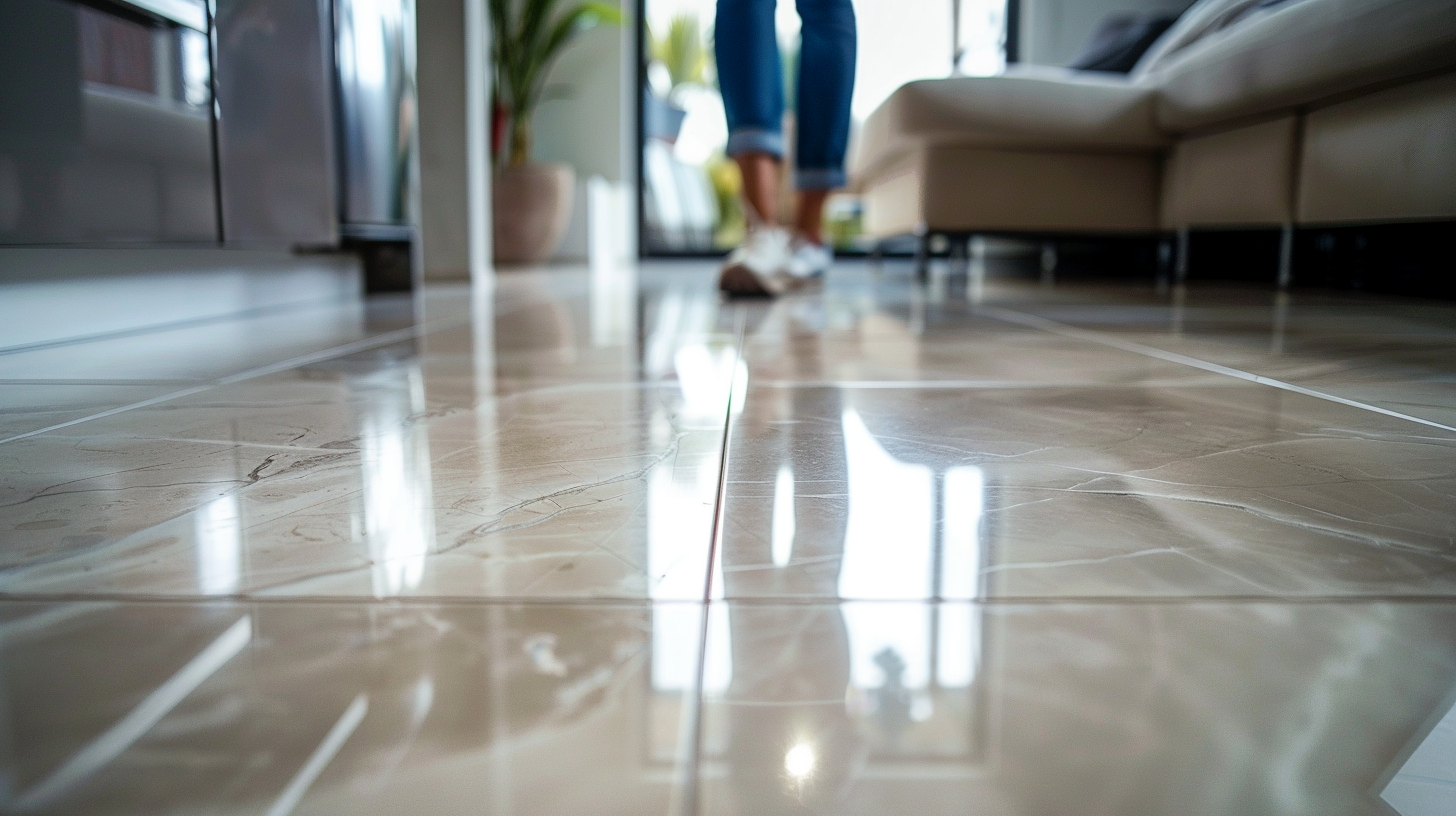 Close-up, low-angle photo of a beautiful modern tile kitchen floor in an upscale residential home with a cleaning lady in the background