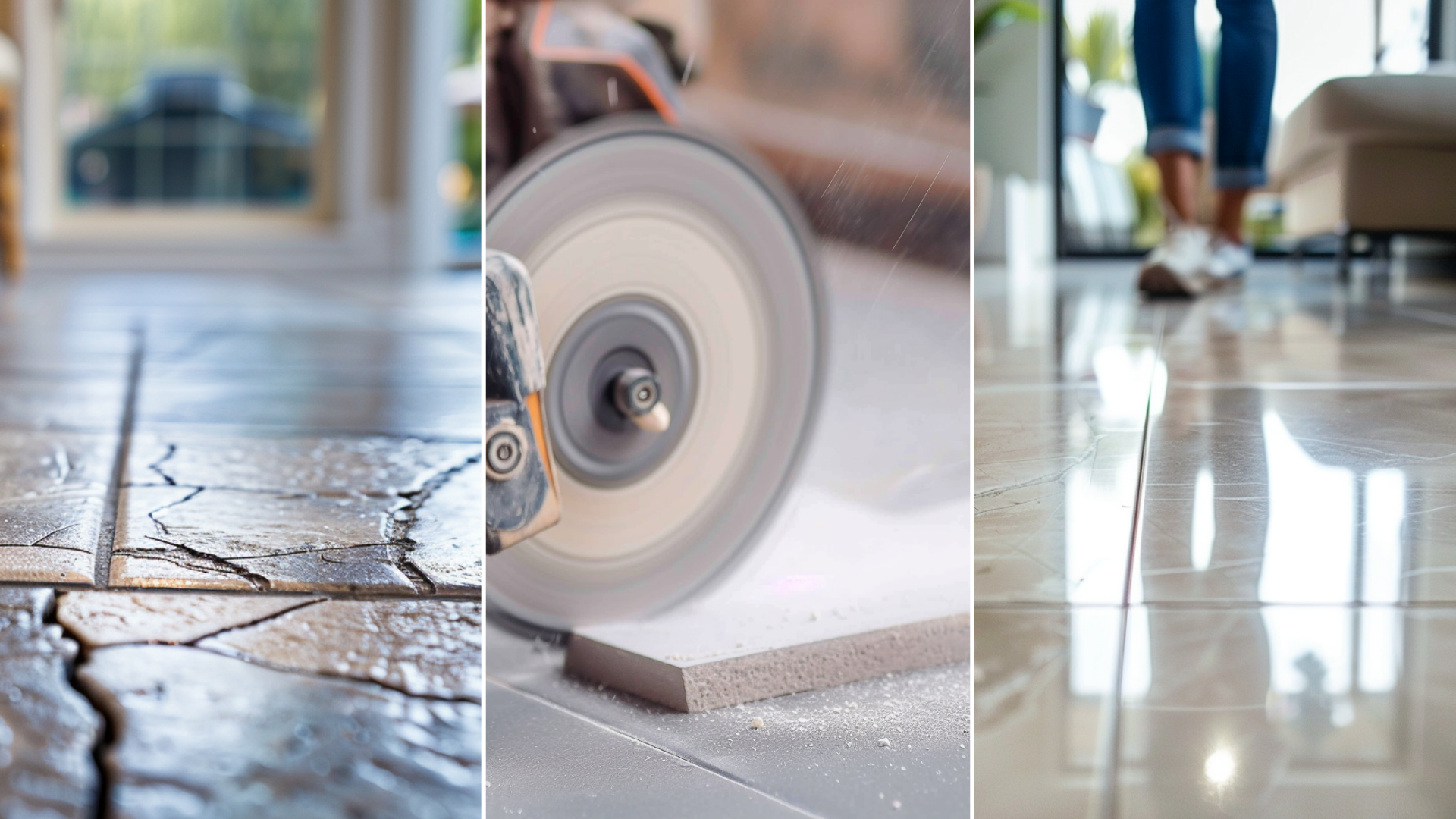 This is a close-up, low-angle photo of a beautiful modern tile kitchen floor in an upscale residential home; the floor tile has a visibly cracked hairline. A contractor with skill saw cutting ceramic floor tile close up. Close-up, low-angle photo of a beautiful modern tile kitchen floor in an upscale residential home with a cleaning lady in the background