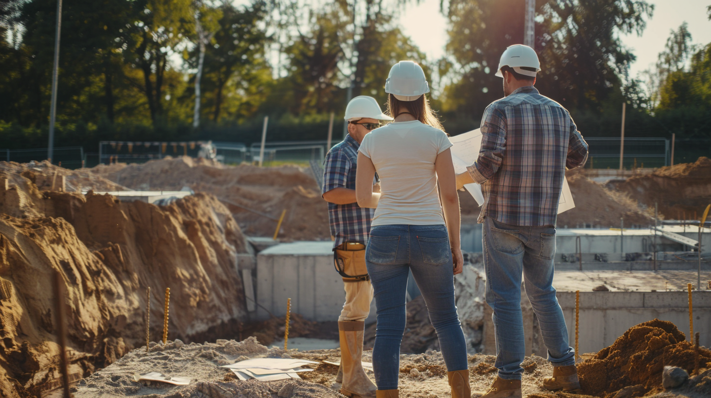 A group of 2 contractors and one designer inspecting the foundation of a renovation project with their backs turned, focusing on the foundation repair. they are wearing safety hat and drawing plan.