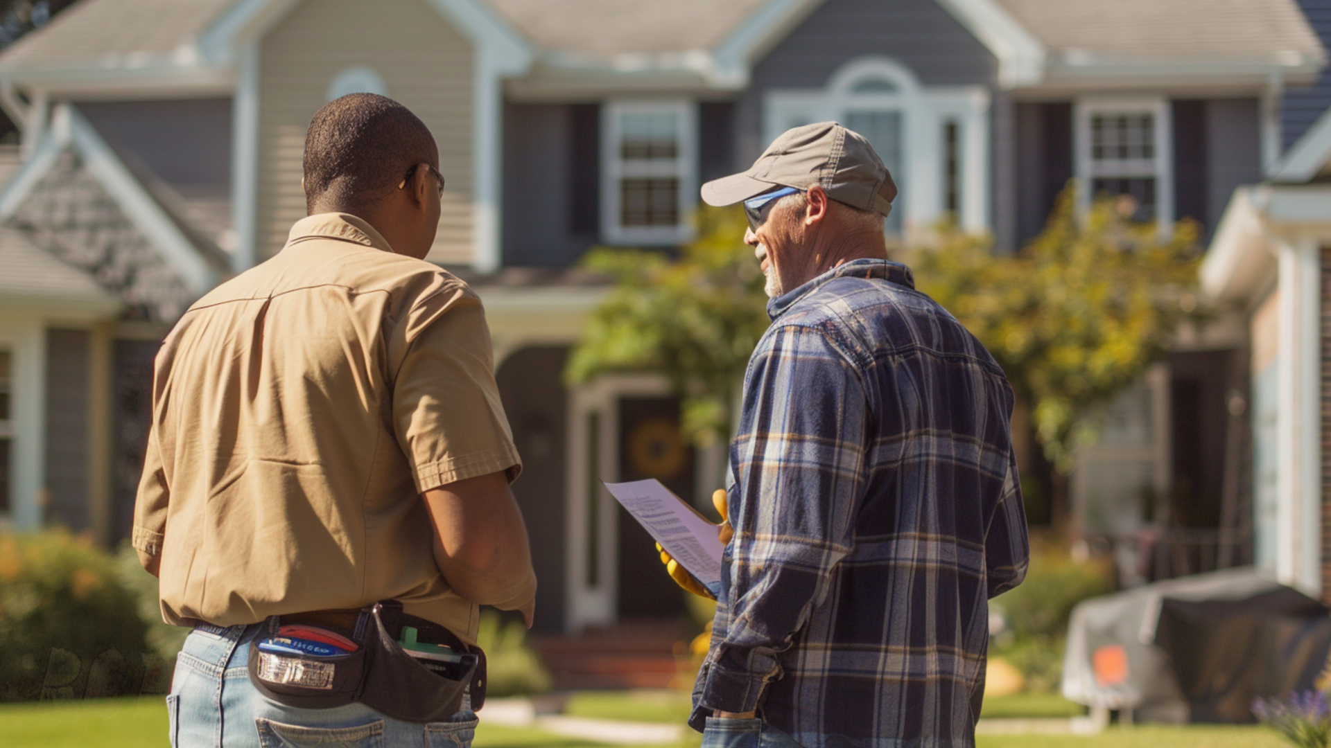 A reliable roofing contractor is talking to the homeowner standing on the lawn facing the house that has vinyl siding. The atmosphere includes collaboration and consultation, highlighting the home improvement process