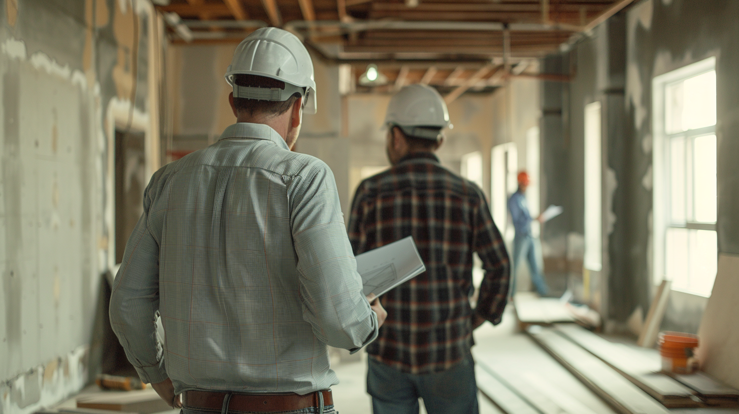 A group of 2 contractors and one designer inspecting the foundation of a renovation project with their backs turned