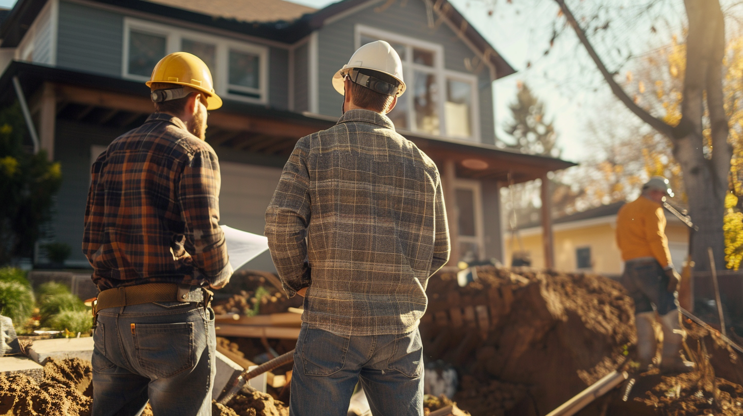 A group of 2 contractors and one designer inspecting the foundation of a renovation project with their backs turned