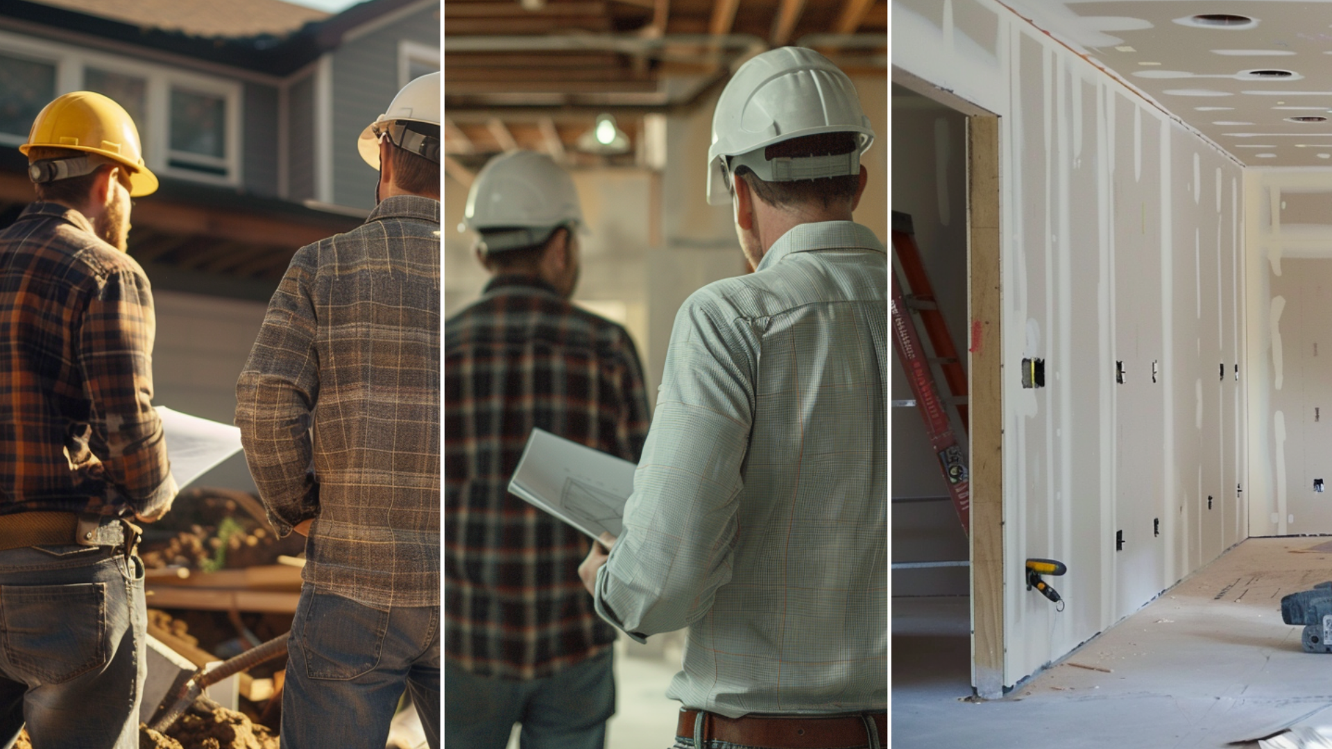 A group of 2 contractors and one designer inspecting the foundation of a renovation project with their backs turned. create an image of a home installing a drywall 