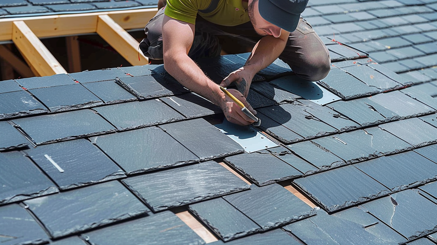 create an image of a roofing constructor that is fixing a slate roof of a house.