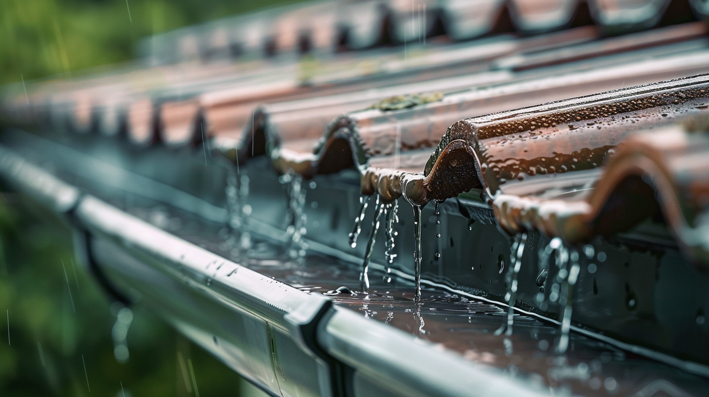 create an image roof gutter that is wet because of rain Create an image of a standing seam metal roof installed in a house roof, catch that the roof installed is new. create an image of a roofing constructor that is fixing a slate roof of a house.