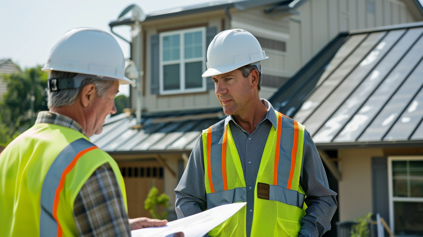 Two roofing contractors, both wearing white hard hats and high-visibility vests, are admiring a newly installed metal roof on a picturesque suburban home.