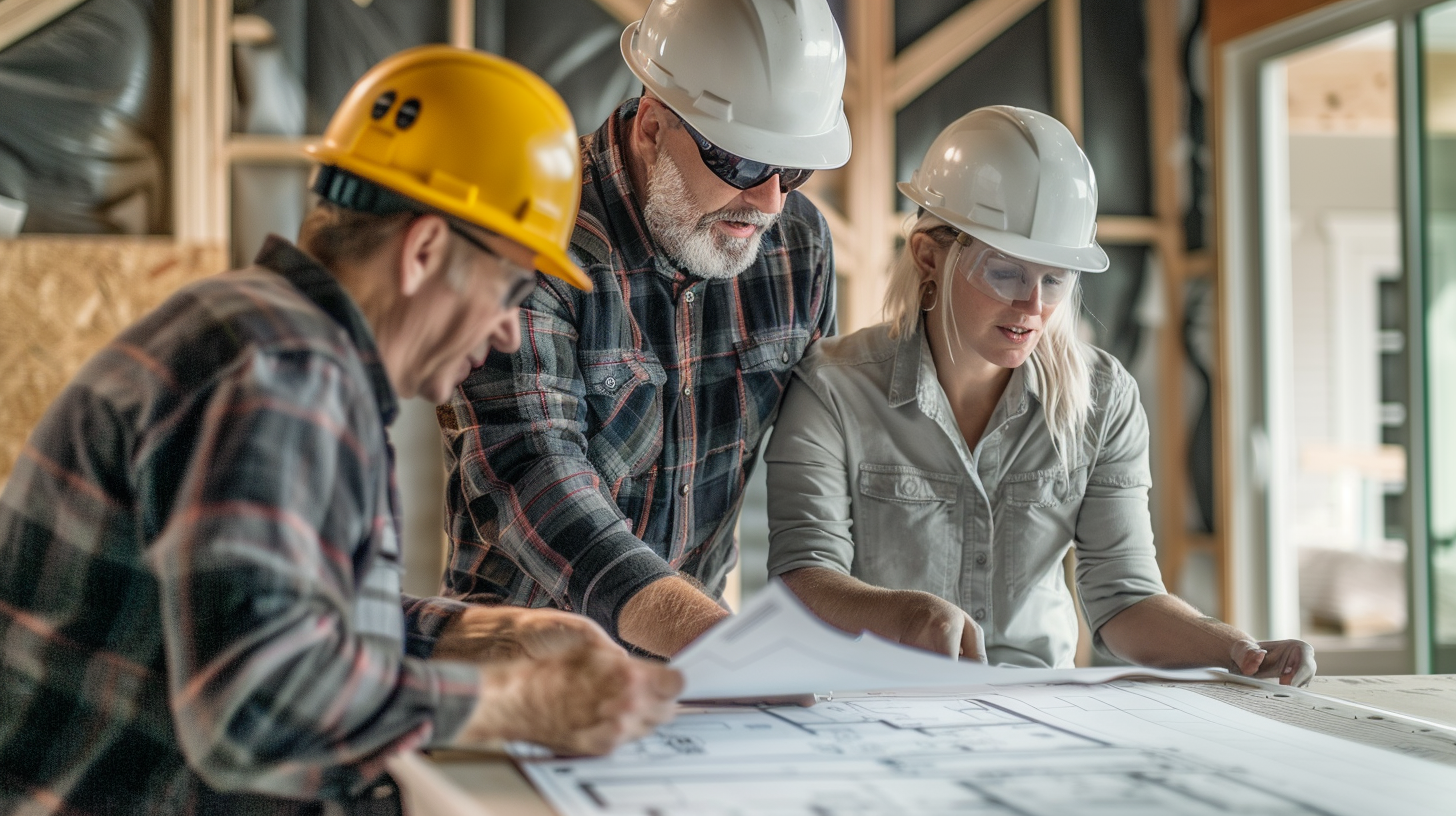 Generate an image portraying two tile contractors engaged in conversation while examining a floor plan in preparation for a tile flooring project.