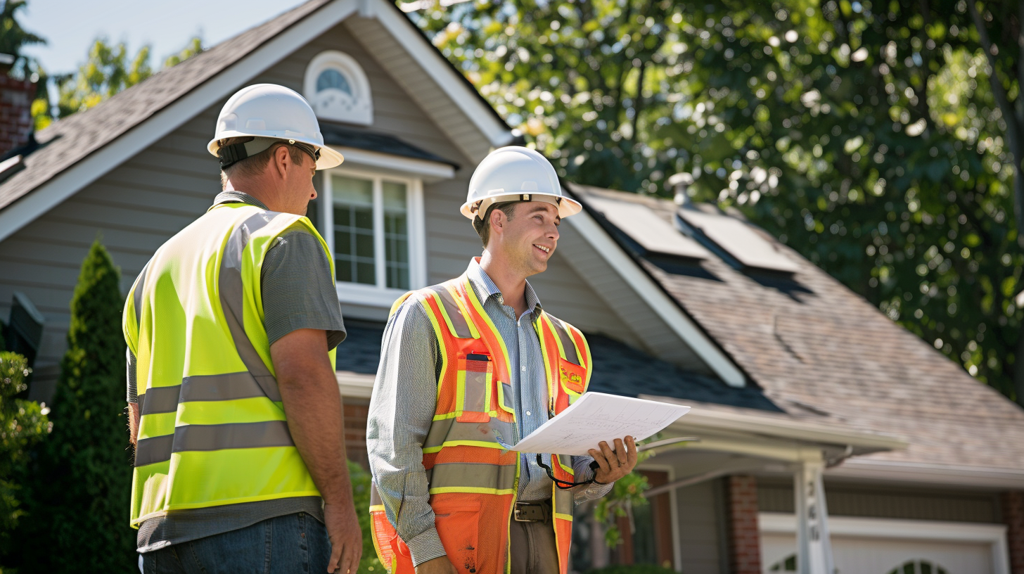 Two roofing contractors, identifiable by their white hard hats and high-visibility vests, on the background is a newly installed metal roof on a picturesque suburban home.