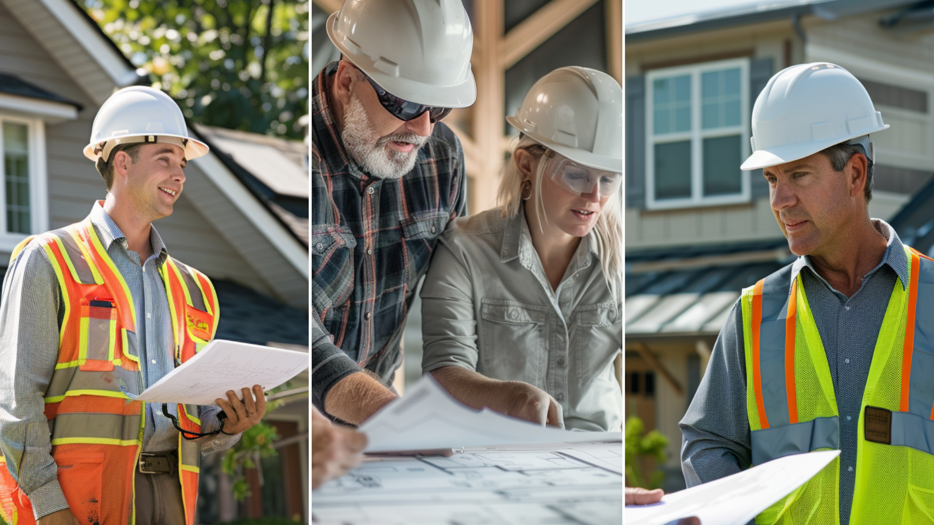 Generate an image portraying two tile contractors engaged in conversation while examining a floor plan in preparation for a tile flooring project. Two roofing contractors, identifiable by their white hard hats and high-visibility vests, on the background is a newly installed metal roof on a picturesque suburban home. 