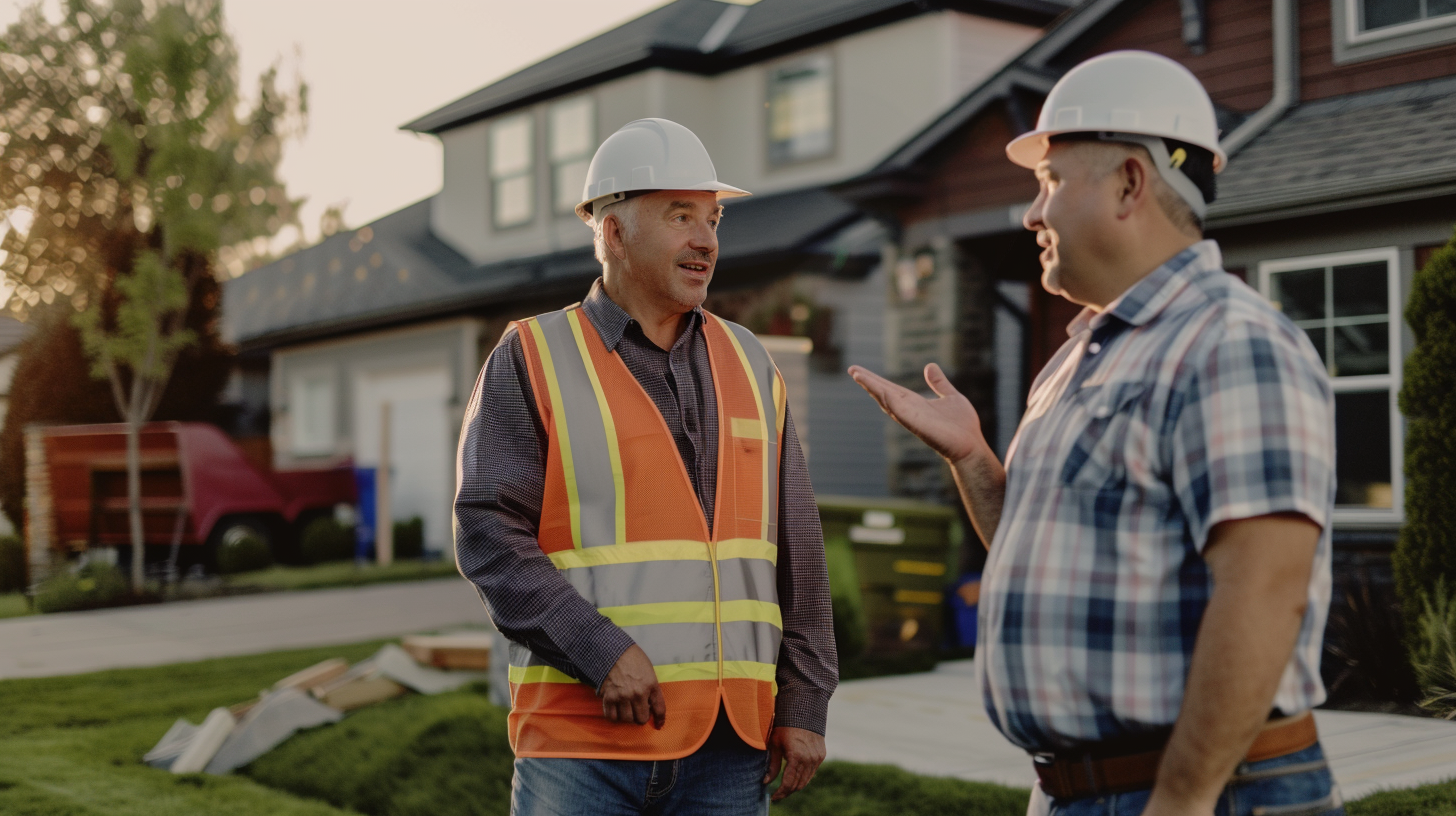 A roofing contractor wearing a safety vest and white helmet is talking to the male homeowner wearing casual clothes NO HELMET, and they are standing on the lawn in front of the house that has a newly installed roof. The atmosphere includes collaboration and consultation, highlighting the home improvement process and a friendly yet focused exchange between the two characters.