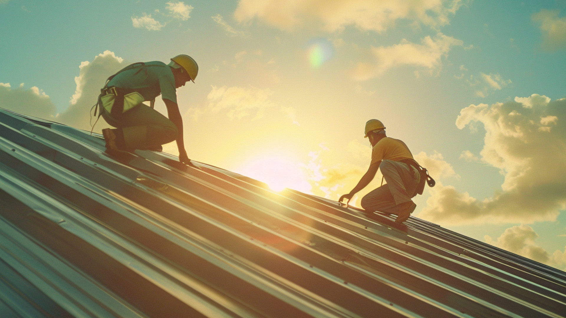 A photograph of two sheet metal workers, wearing safety gear, actively installing a metal roof Premium stock image, DSLR photography, Getty Images style, photo-realistic. Use a 50mm lens with an aperture of f/1.4 and ISO setting of 800. Capture natural, happy emotions, focus on the details, play with depth of field, and aim for an organic composition.