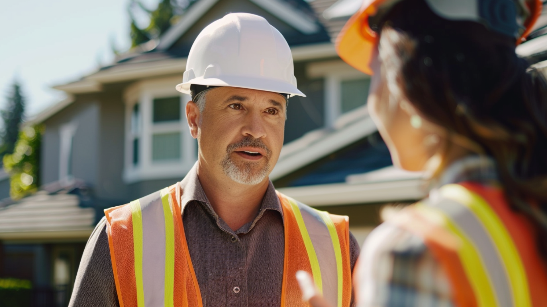 A reliable roofing contractor, wearing a safety vest and white helmet, is talking to the homeowner standing on the lawn in front of the house that has skylights on the roof.