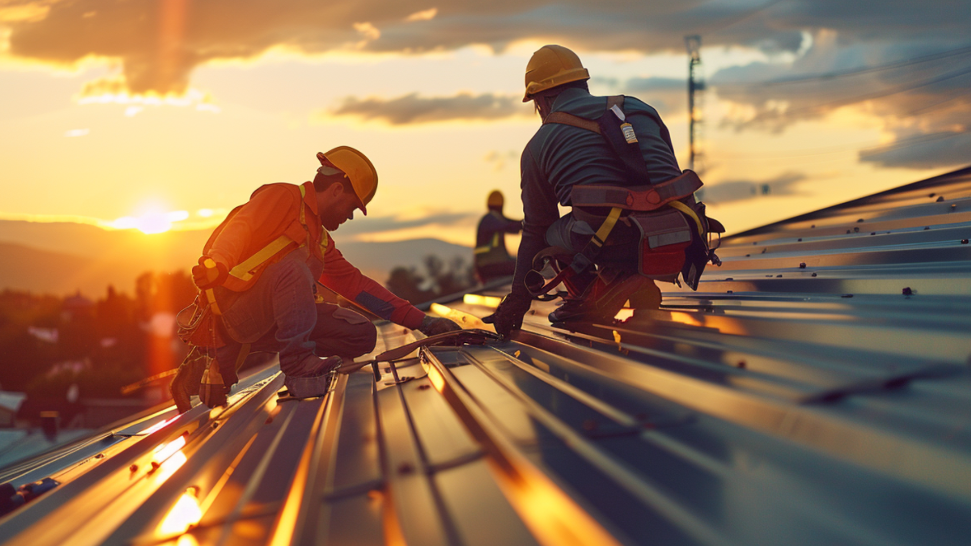 A photograph of two sheet metal workers, wearing safety gear, actively installing a metal roof.