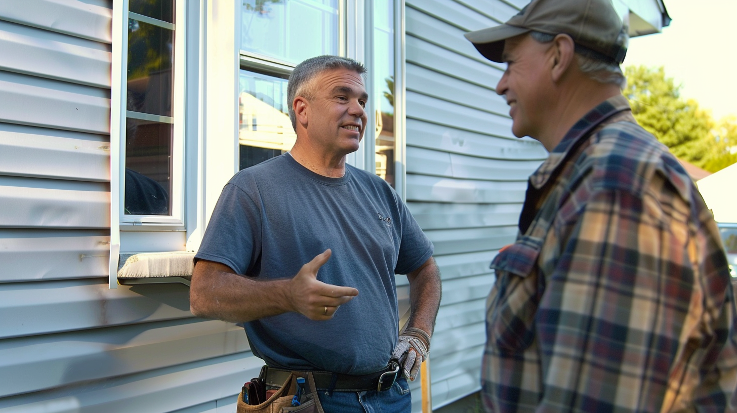 Generate an image portraying a vinyl siding contractor engaged in conversation with a homeowner outside the house, against a backdrop of vinyl siding wall.