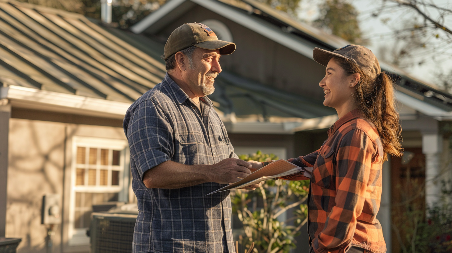 A male roofing contractor is talking to a female homeowner about the costs of a new roof that is being installed. Only the contractor is wearing PPE. They are smiling and shaking hands after agreeing on the contract.