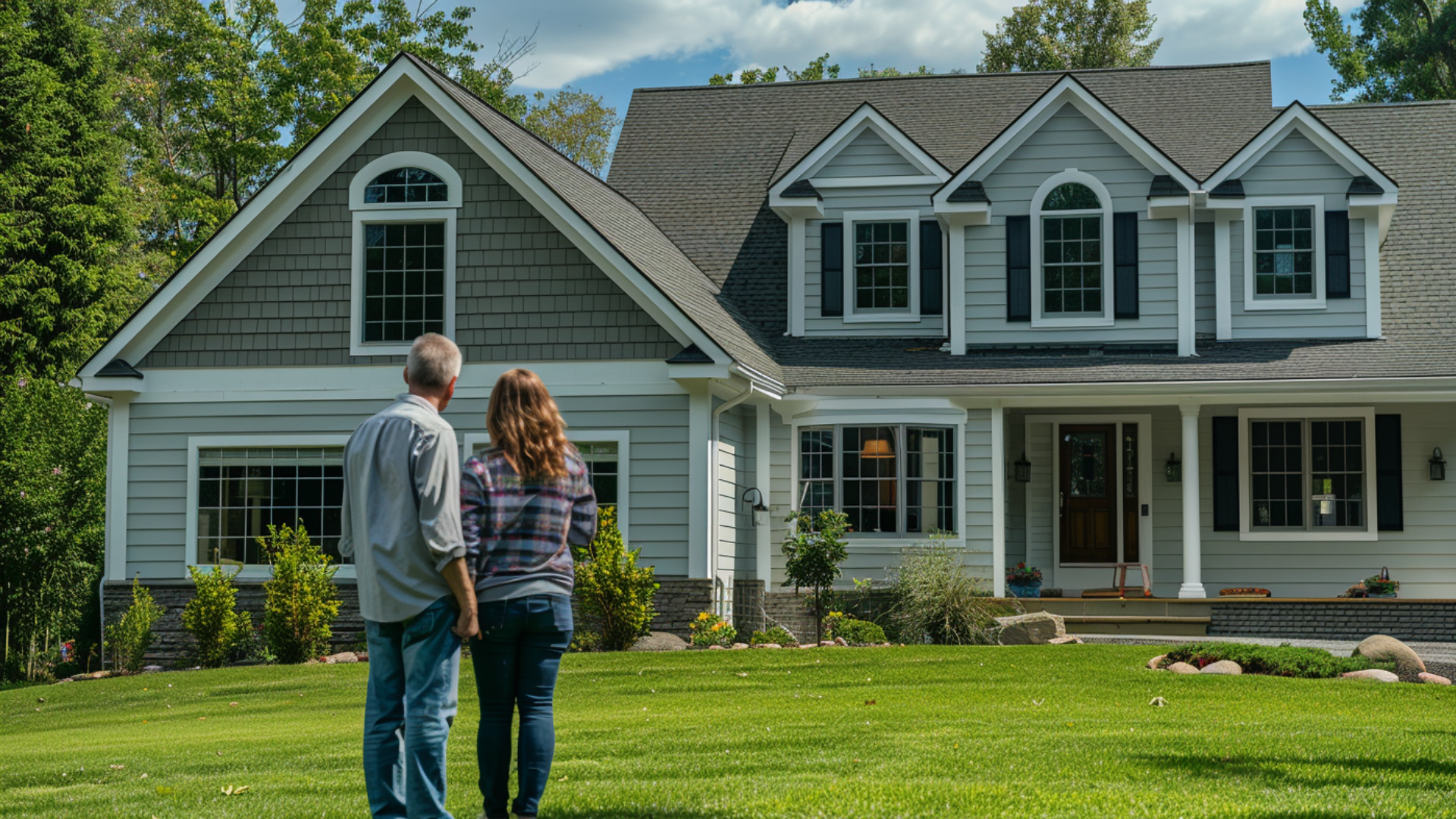 A reliable roofing contractor is talking to the homeowner standing on the lawn facing the house that has vinyl siding. The atmosphere includes collaboration and consultation, highlighting the home improvement process