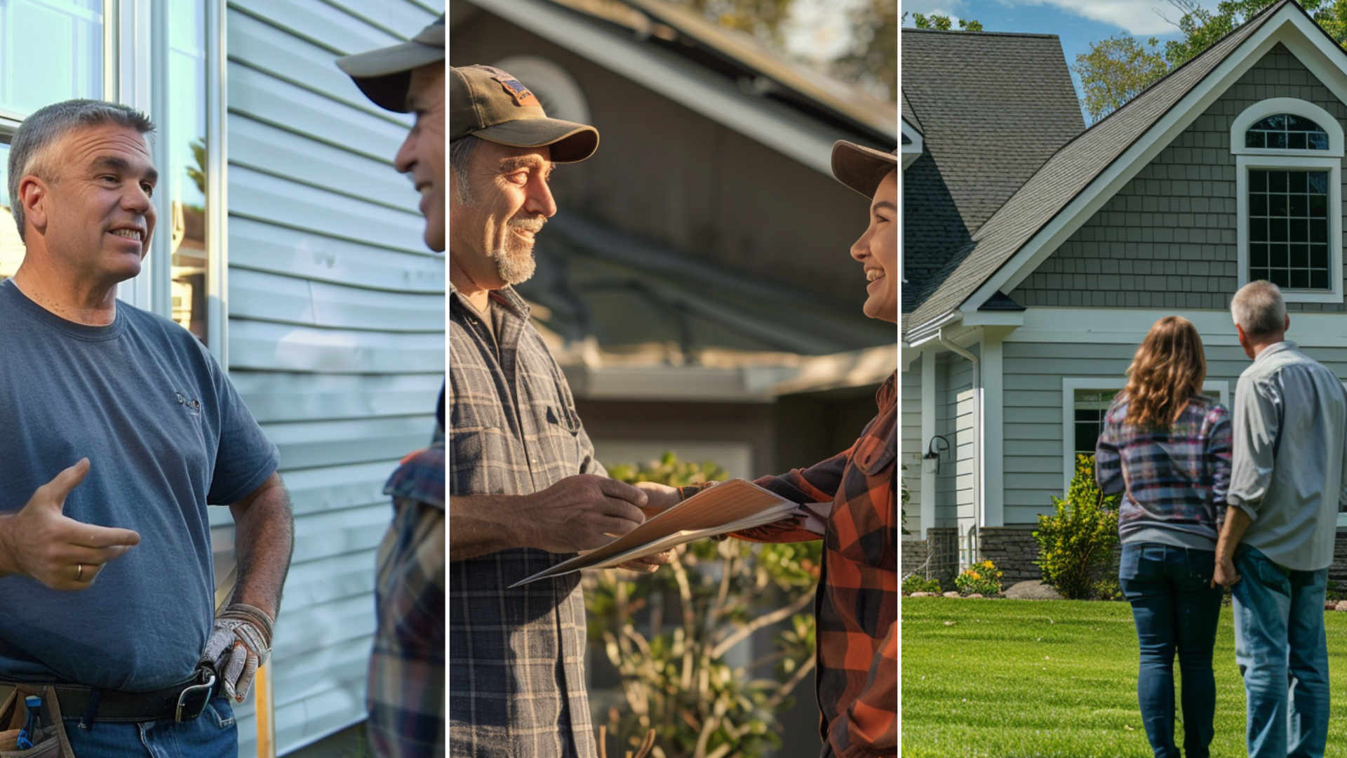 Generate an image portraying a vinyl siding contractor engaged in conversation with a homeowner outside the house, against a backdrop of vinyl siding wall. A male roofing contractor is talking to a female homeowner about the costs of a new roof that is being installed. Only the contractor is wearing PPE. They are smiling and shaking hands after agreeing on the contract. A reliable roofing contractor is talking to the homeowner standing on the lawn facing the house that has vinyl siding. The atmosphere includes collaboration and consultation, highlighting the home improvement process