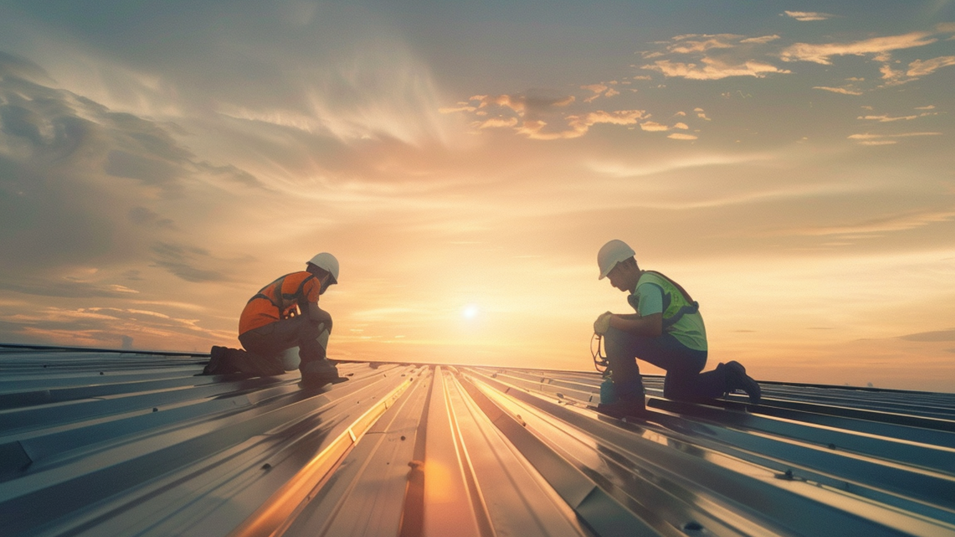 A photograph of two sheet metal workers, wearing safety gear, actively installing a metal roof