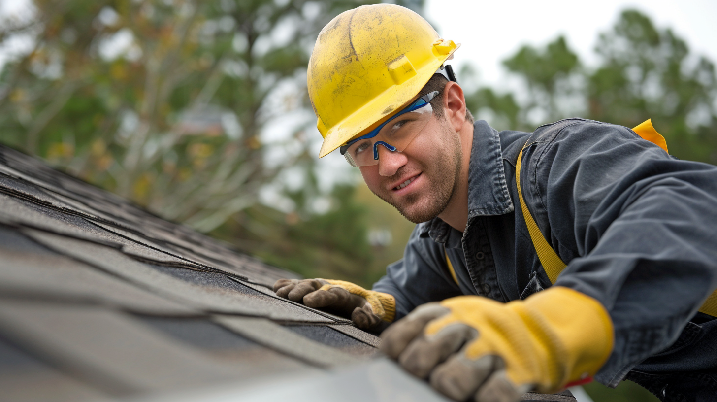 A roofing contractor wearing hard hat, gloves and safety glasses is inspecting a residential shingle roof.