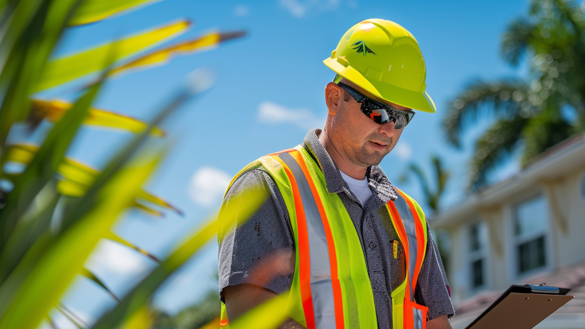 A professional-looking man, wearing a safety helmet, sunglasses, and a high-visibility vest, is carefully inspecting a metal roof of a typical suburban home. 