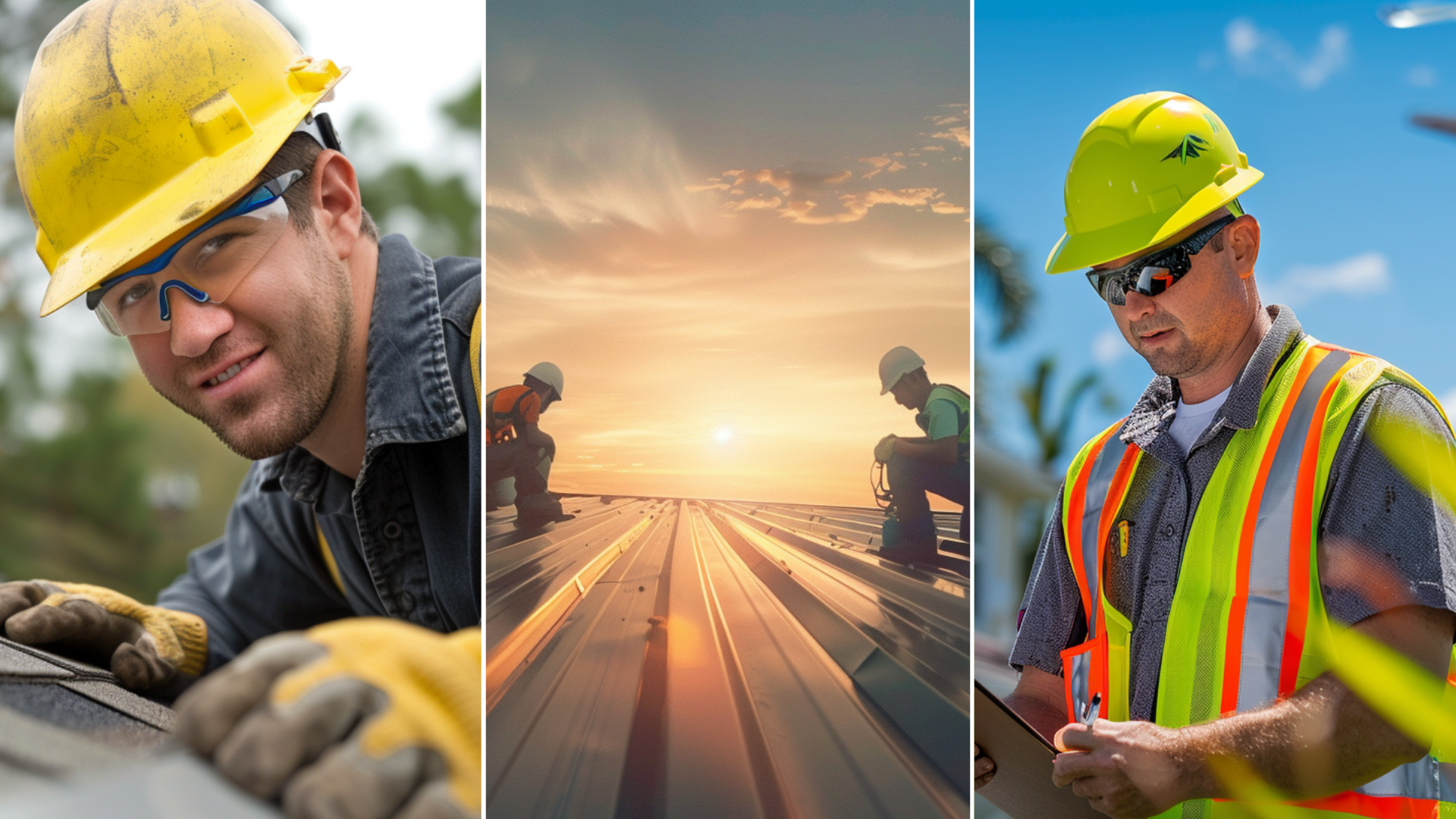 A professional-looking man, wearing a safety helmet, sunglasses, and a high-visibility vest, is carefully inspecting a metal roof of a typical suburban home. </p>
<p>A roofing contractor wearing hard hat, gloves and safety glasses is inspecting a residential shingle roof.</p>
<p>A photograph of two sheet metal workers, wearing safety gear, actively installing a metal roof