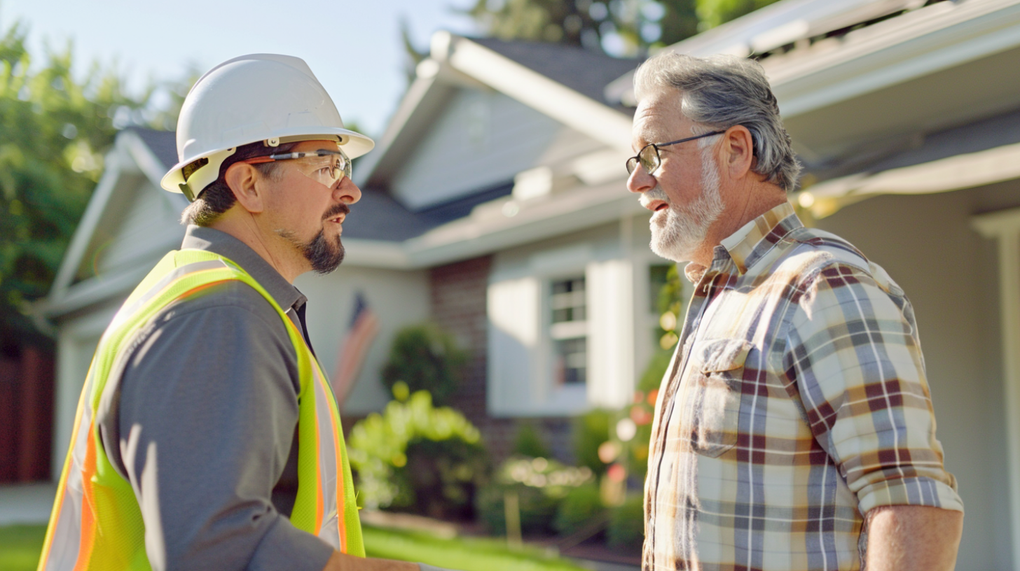 A roofing contractor wearing a safety gear is talking to the male homeowner about the roofing project.