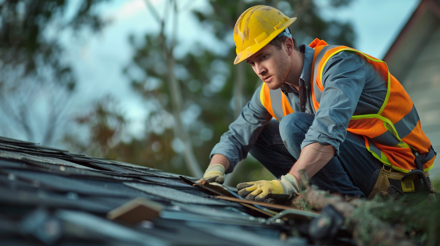 A roofer is inspecting a residential roof that has been damaged by a recent storm.