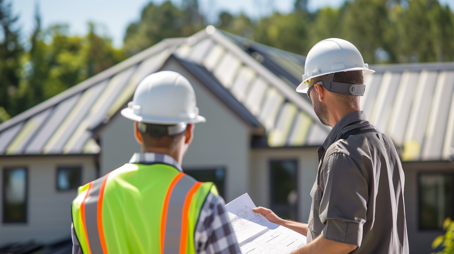 Two roofing contractors, identifiable by their white hard hats and high-visibility vests, on the background is a newly installed metal roof.