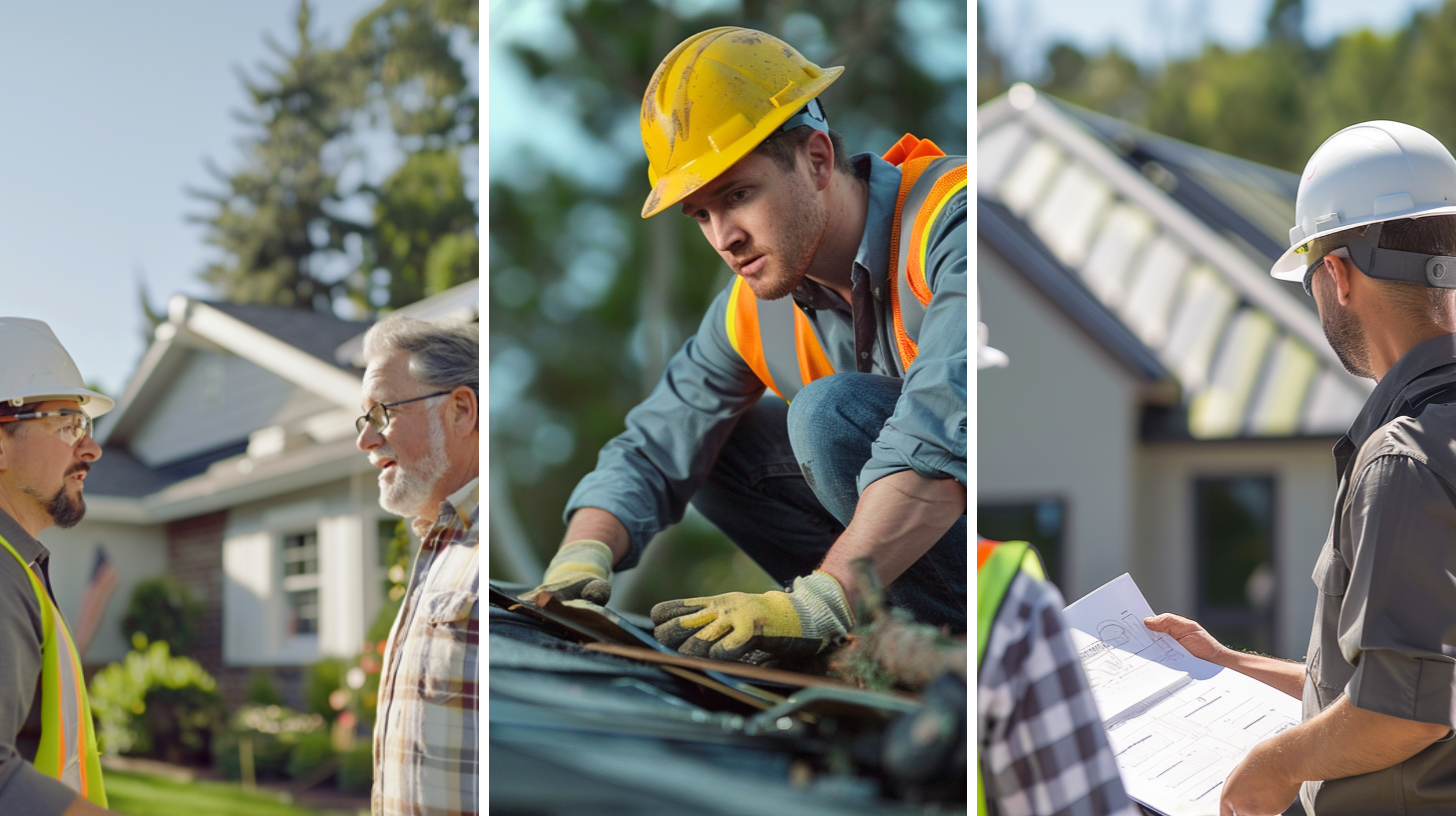 A roofing contractor wearing a safety gear is talking to the male homeowner about the roofing project, a roofer is inspecting a residential roof that has been damaged by a recent storm, and two roofing contractors engaged in a conversation about the roofing project.