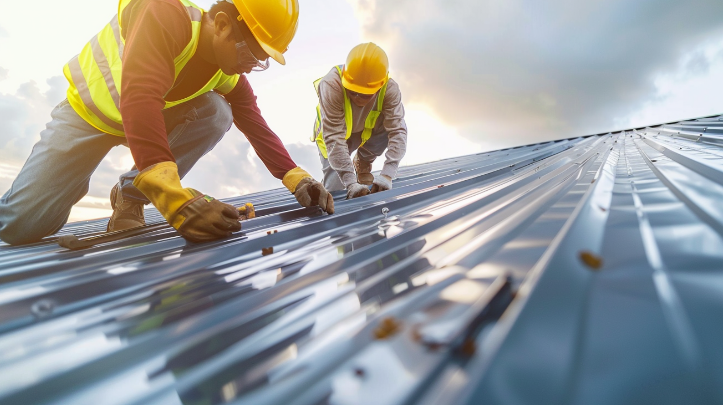 Two professional roofers working on a commercial roofing project.