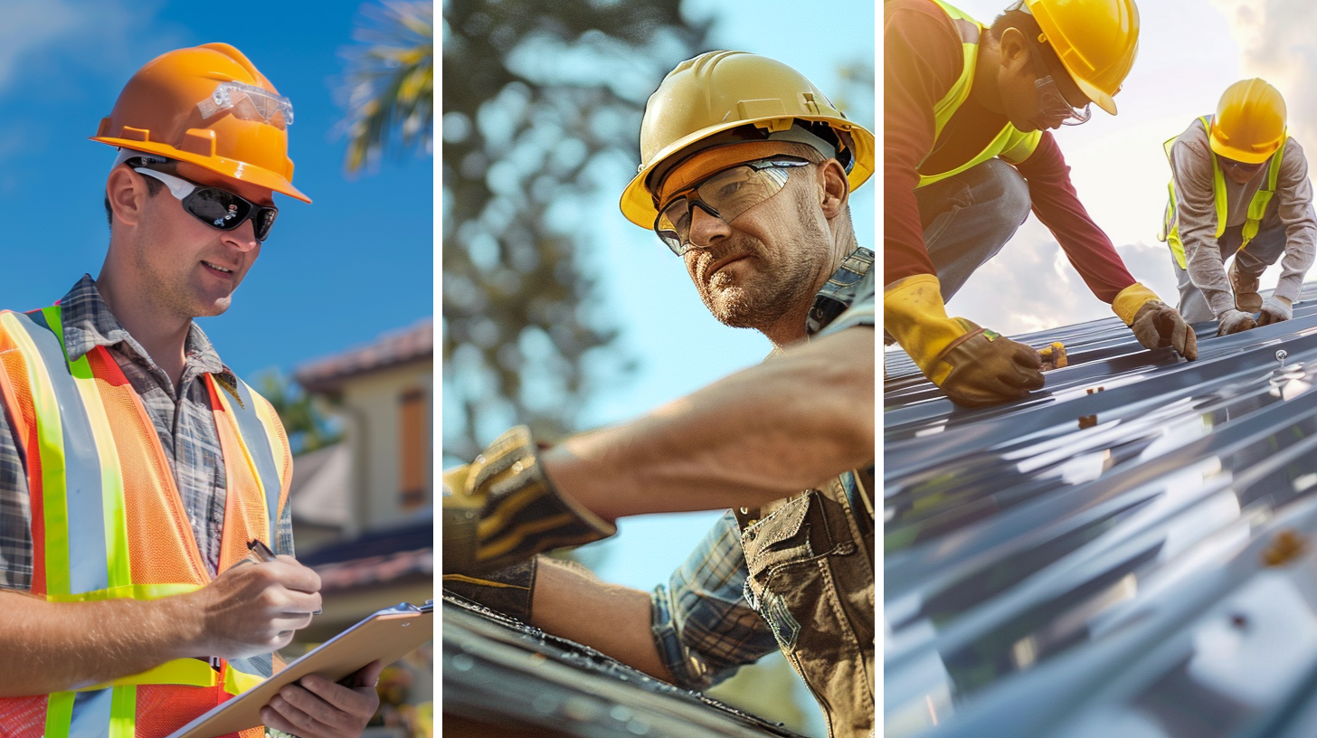 A contractor is checking the roofing project on-site, a professional roofer working on a residential roofing project, and two professional roofers working on a commercial roofing project.