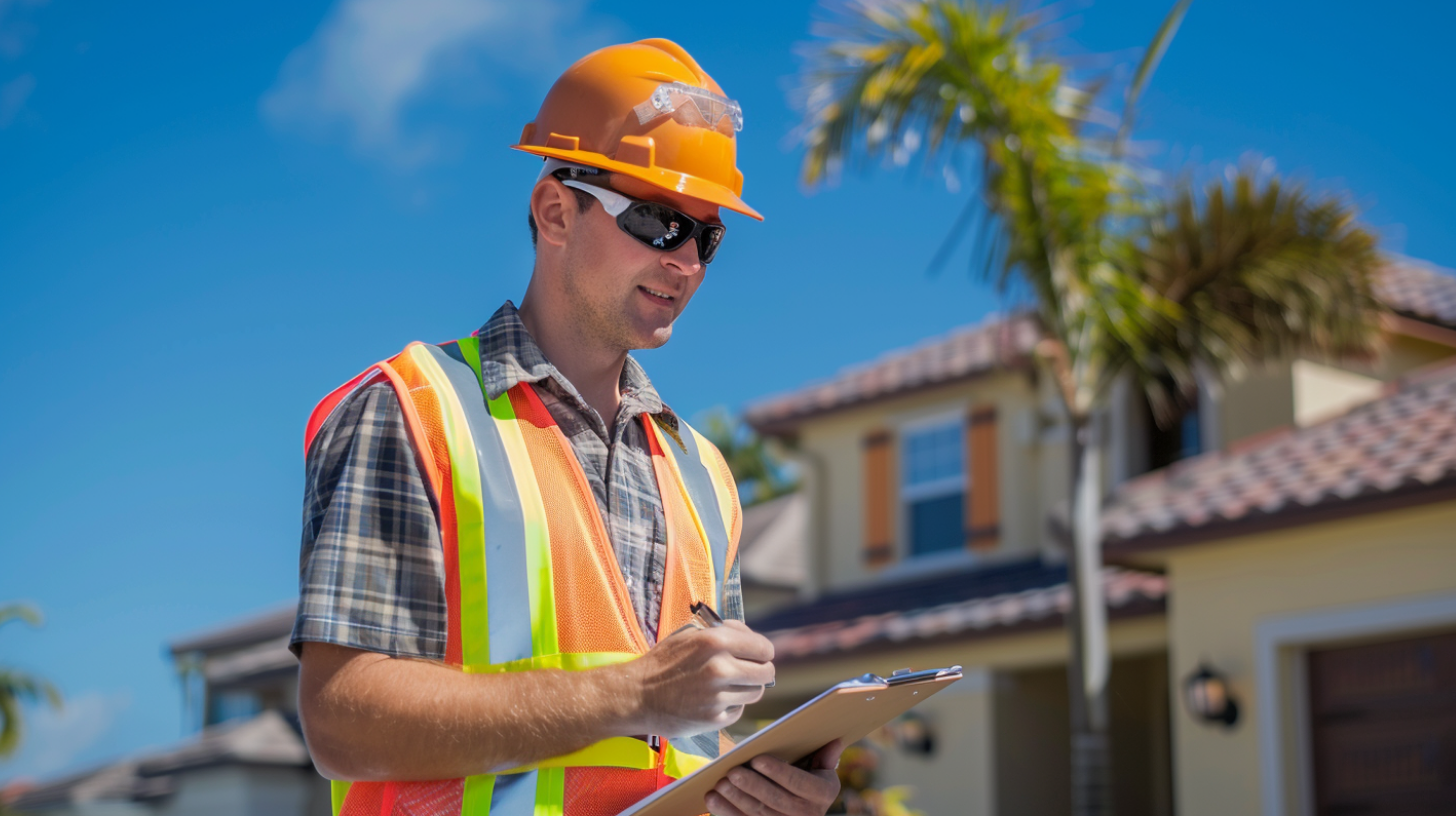 A contractor is checking the roofing project on-site.