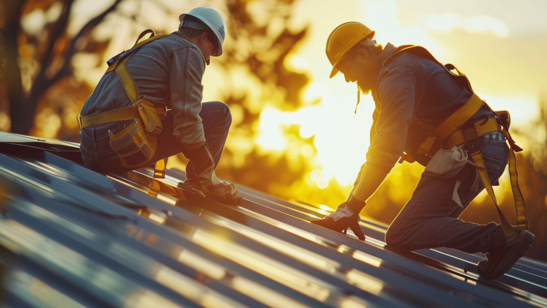 A photograph of two sheet metal workers, wearing safety gear, actively installing a metal roof