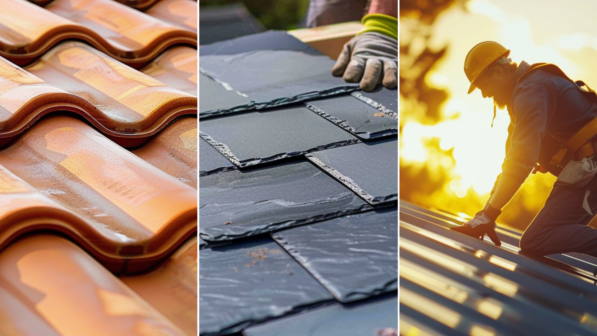 create an image of a newly installed clay tile roof, emaphasize that the clay tile roof is new,</p>
<p>create an image of a roofing constructor that is fixing a slate roof of a house.</p>
<p>A photograph of two sheet metal workers, wearing safety gear, actively installing a metal roof