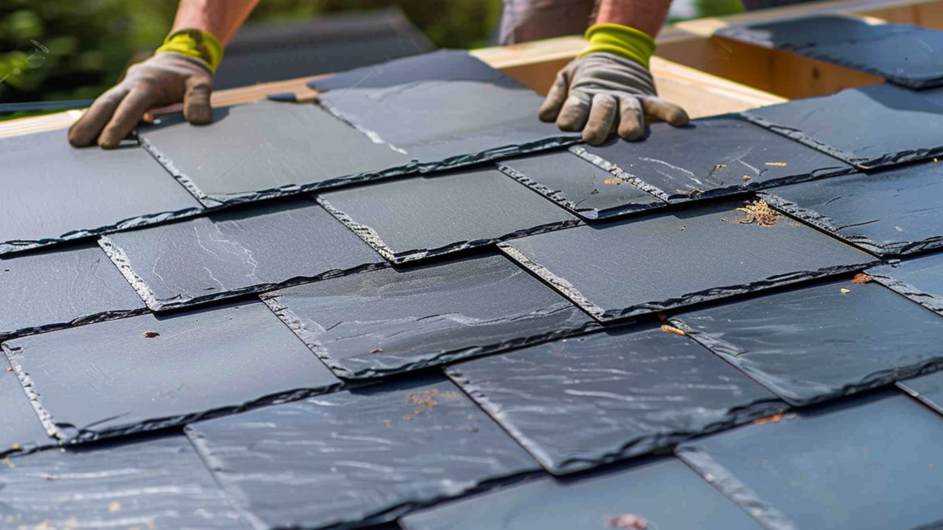 create an image of a roofing constructor that is fixing a slate roof of a house.